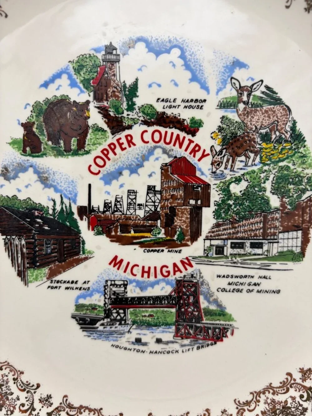 Vintage Copper Country Michigan Souvenir Plate Gold Trim Mining Scenes MCM - Picture 4 of 5